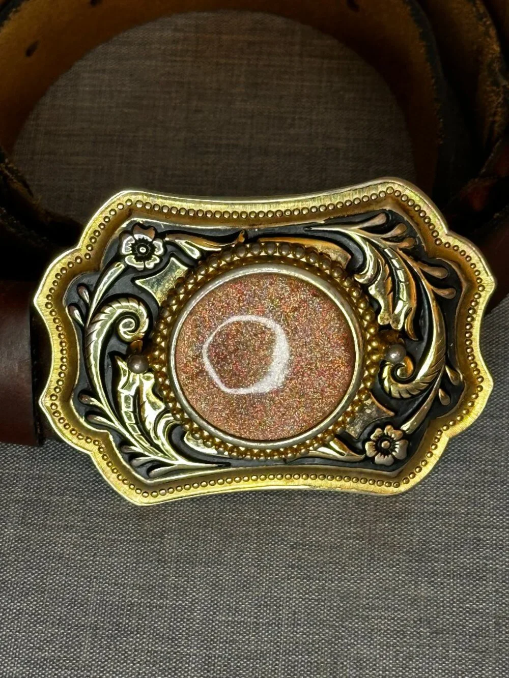 Gold stone brass Western Belt Buckle brown Leather braided cowboy rodeo 38-42